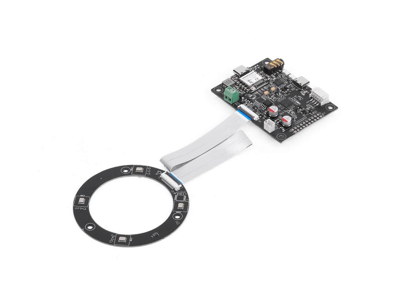 reSpeaker Flex XVF3800 — the four-microphone array that hears the wake word and the command