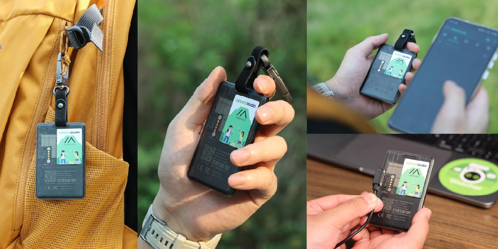 SenseCAP Card Tracker T1000-E product overview showing credit card size and portability