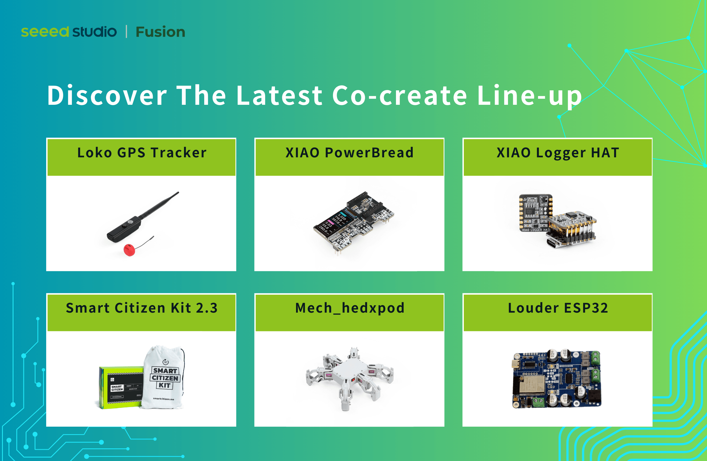 Discover the latest Co-create line-up: Loko GPS Tracker, XIAO PowerBread, XIAO Logger HAT, Smart Citizen Kit, Mech_hexpod, Louder ESP32